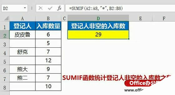 使用SUMIF函数统计登记人非空的入库数